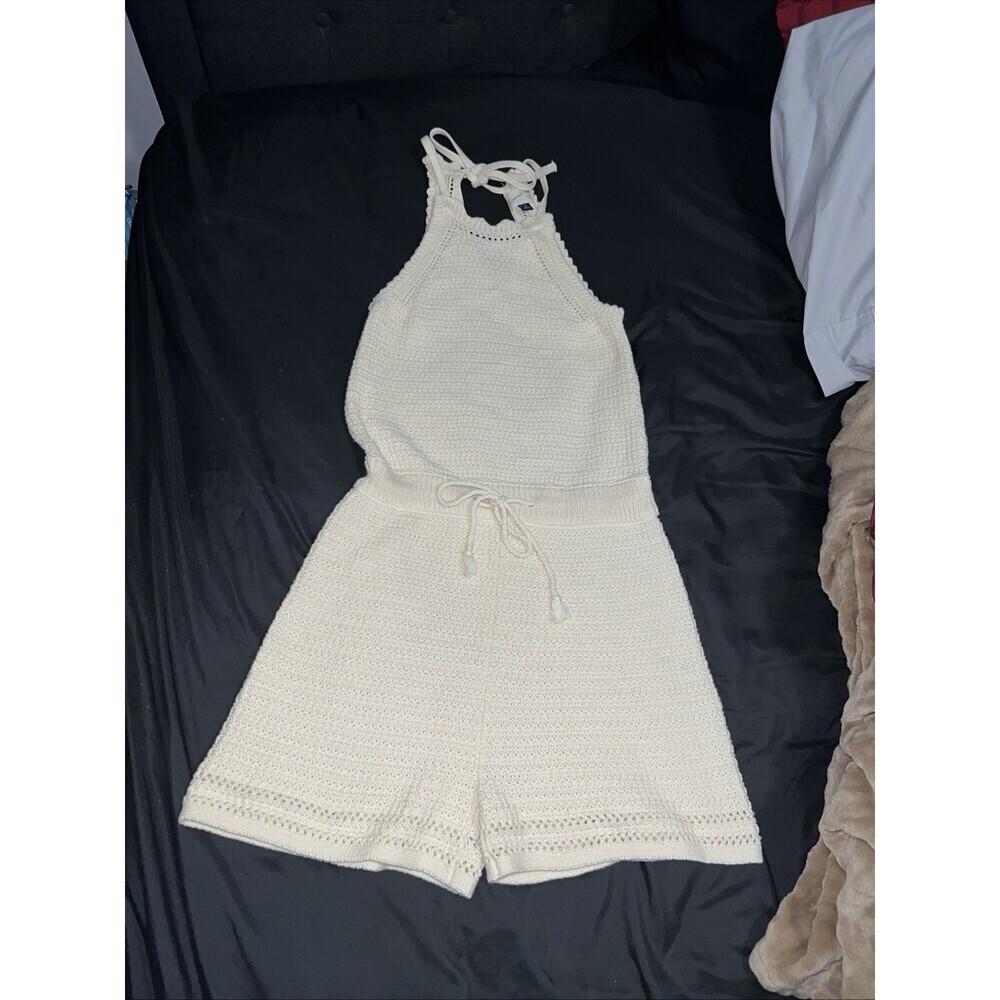 Universal Thread 100% Cotton Cream Crochet Knit Romper Sleeveless Waist Tie XS